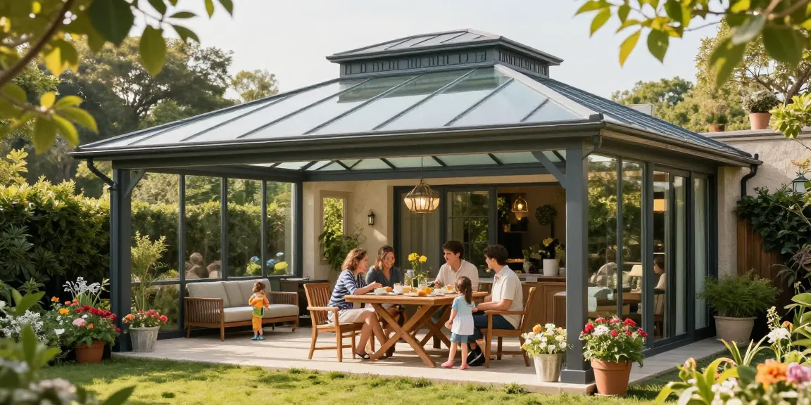 Terrassenüberdachung freistehend im Garten, Familie genießt einen sonnigen Nachmittag unter dem Dach.