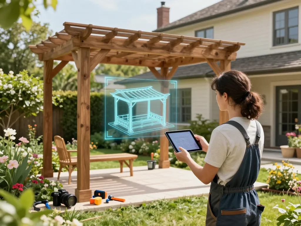 Interaktive Pergola Konfigurator-Installation in einer lebhaften Gartenumgebung, die eine 3D-Modellvisualisierung zeigt.