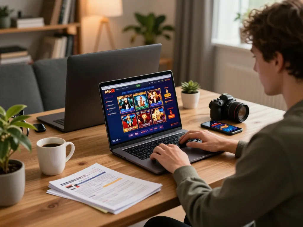 Person engaging with the MK8 online casino platform, displaying gameplay and strategic notes in a cozy home setup