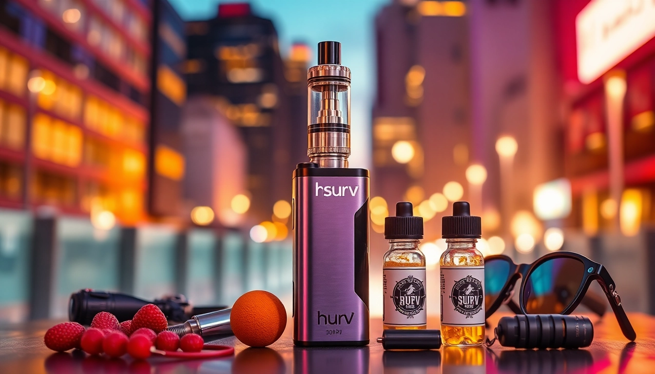 Benutzer mit hqd surv Vape Gerät und Aromaflaschen in stylischem Ambiente.