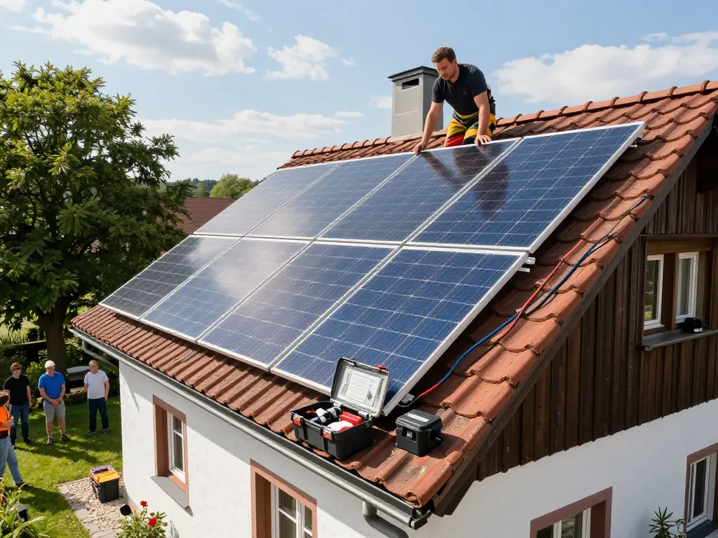 Photovoltaik Bayern Installation an einem bayerischen Haus mit Solarpanelen, Techniker passt die Geräte bei hellem Tageslicht an.
