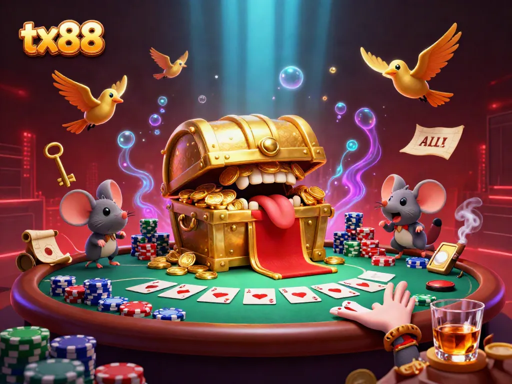 Experience the excitement of tx88 with a vibrant casino-themed illustration, packed with treasures and gaming elements.