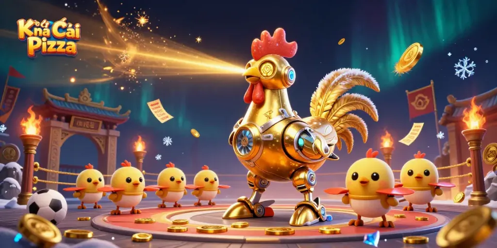 A dynamic betting scene with Kèo Nhà Cái Pizza's golden rooster robot amidst swirling coins and sports betting elements.