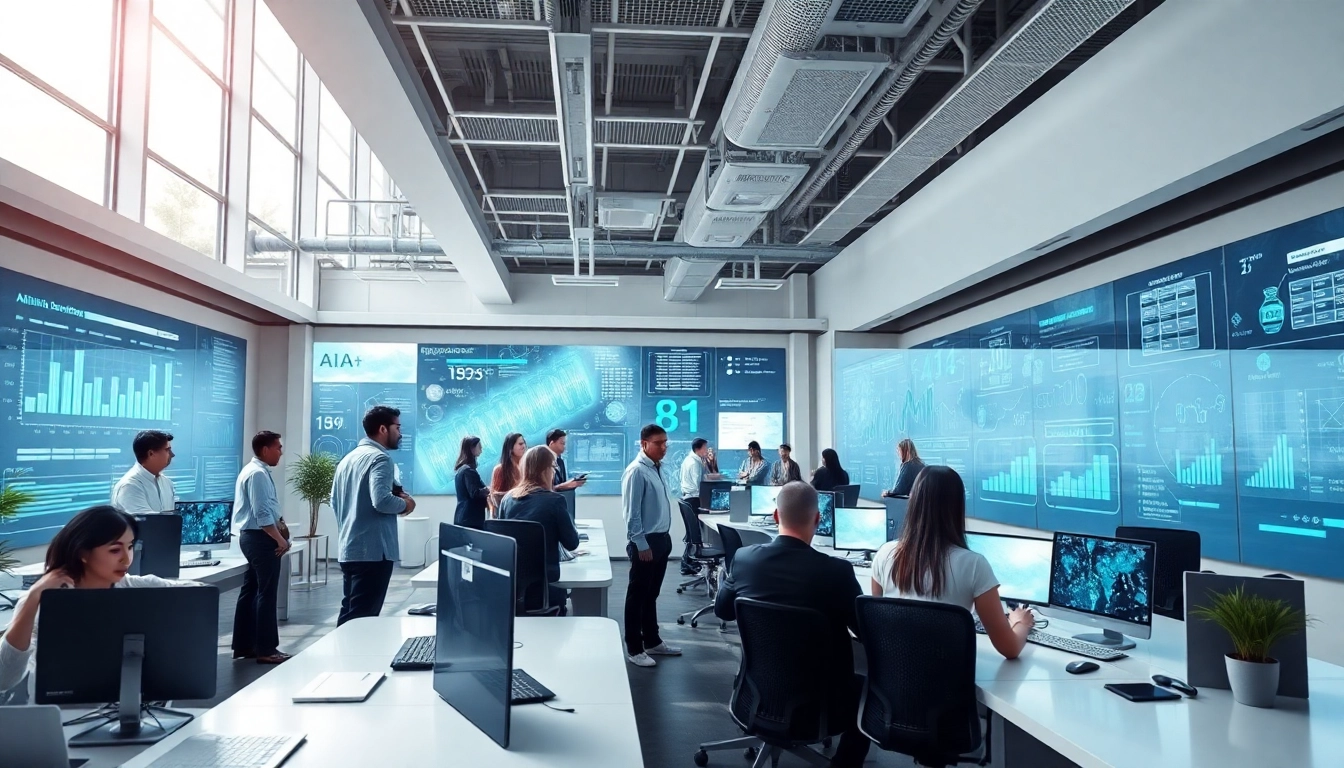 Innovative workspace showcasing professionals using 18+ AI technology in a collaborative environment.