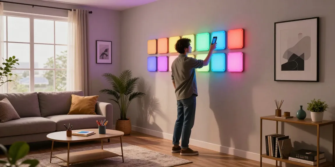 Dynamic scene of a person adjusting smarte LED Panels in a modern home, creating vibrant lighting for a cozy atmosphere.