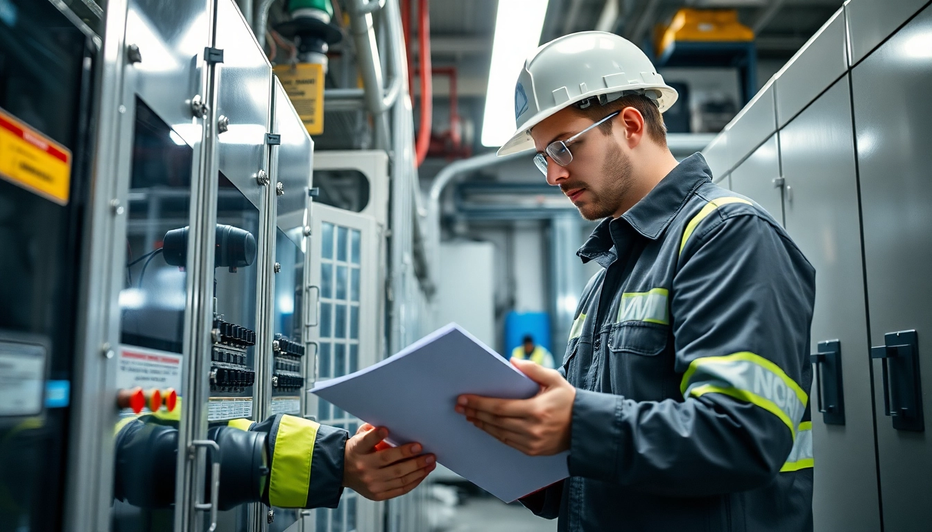 Technician performing DGUV V3 Prüfung on electrical equipment ensuring workplace safety.