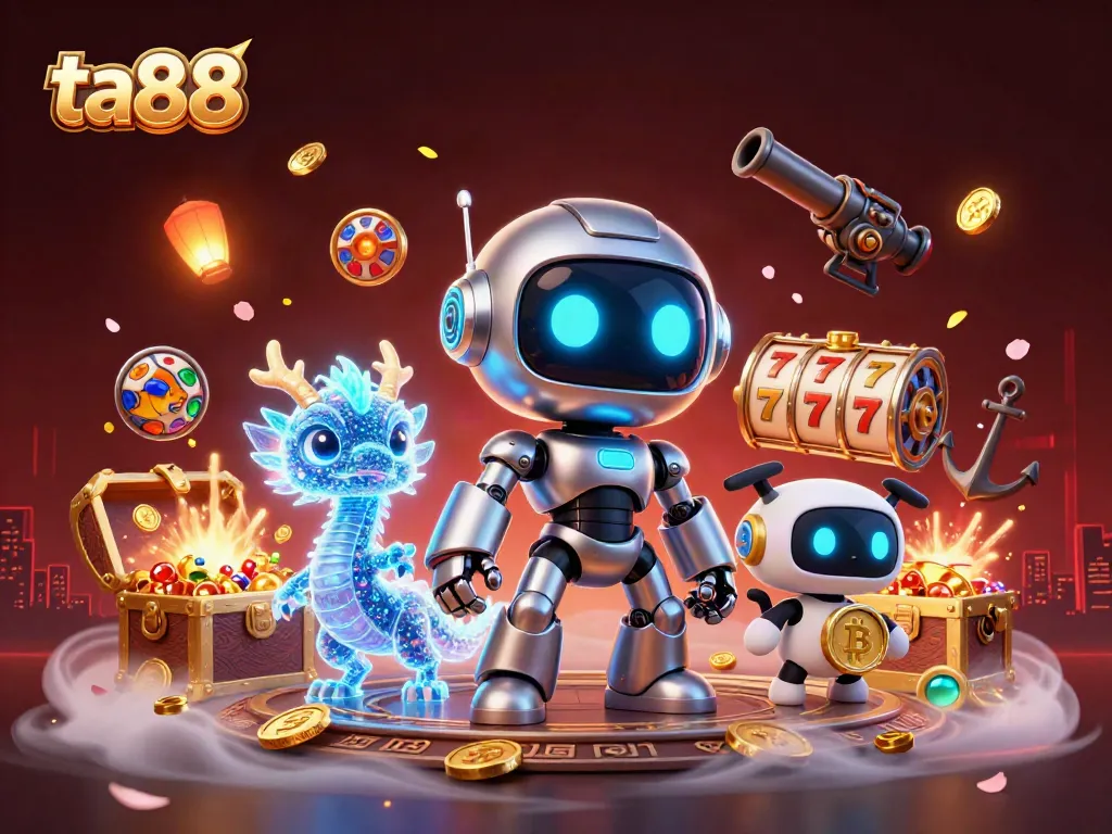 Experience thrill with ta88's exciting slots as a 3D cyberpunk robot and AI dragon navigate dazzling treasures.