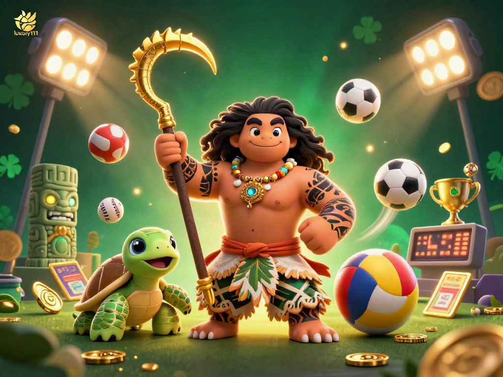 Engage with luxury111 through thrilling sports betting visual, showcasing vibrant caricatures and game elements.