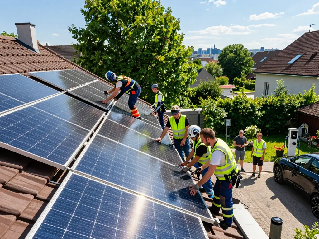 Solar Wien Techniker arbeiten gemeinsam an der Installation von Solarpanels in Wien, die Nachhaltigkeit und Innovation demonstrieren.