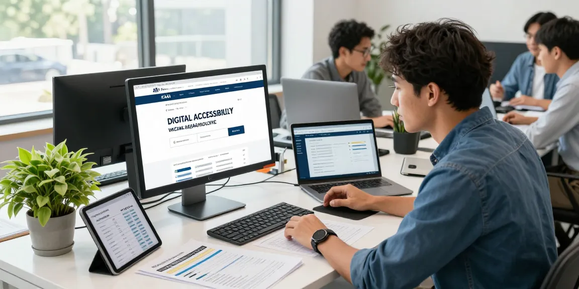 Barrierefreie und rechtssichere Webseiten Dienstleistung showcased through a professional digital accessibility consulting scene in a modern office.