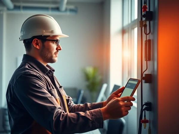 Electrician performing a DGUV V3 Prüfung on electrical equipment in a well-lit office environment.