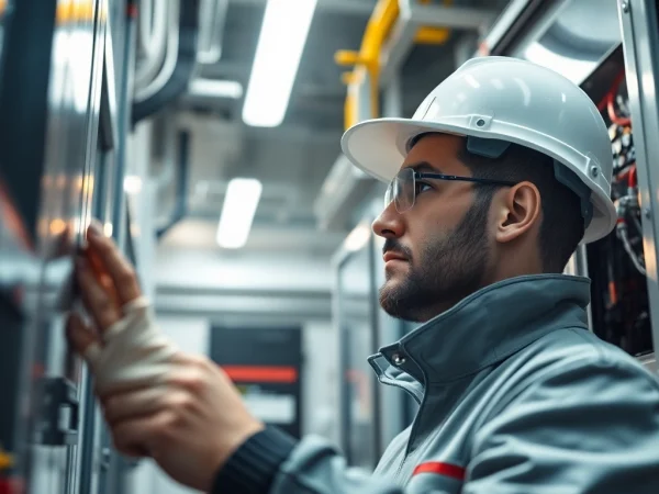 Technician conducting a DGUV V3 Prüfung on electrical devices, highlighting safety measures and professional standards.