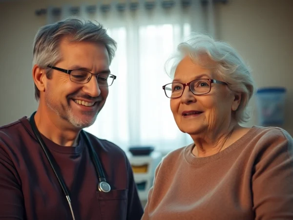 Pflegekraft hilft an ambulanter Pflege Hameln einer älteren Dame in einem hellen Raum.