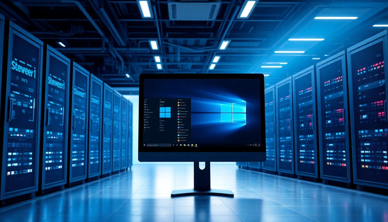Visuelles Setup eines modernen Serverraums mit der Windows Server 2025 Produktlizenz auf dem Bildschirm, das Technologie und Effizienz verkörpert.
