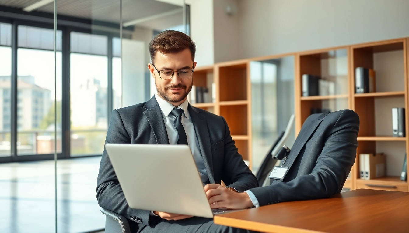 Headhunter Schweiz bei der Arbeit im modernen Büro, Laptop und Bücher im Hintergrund.