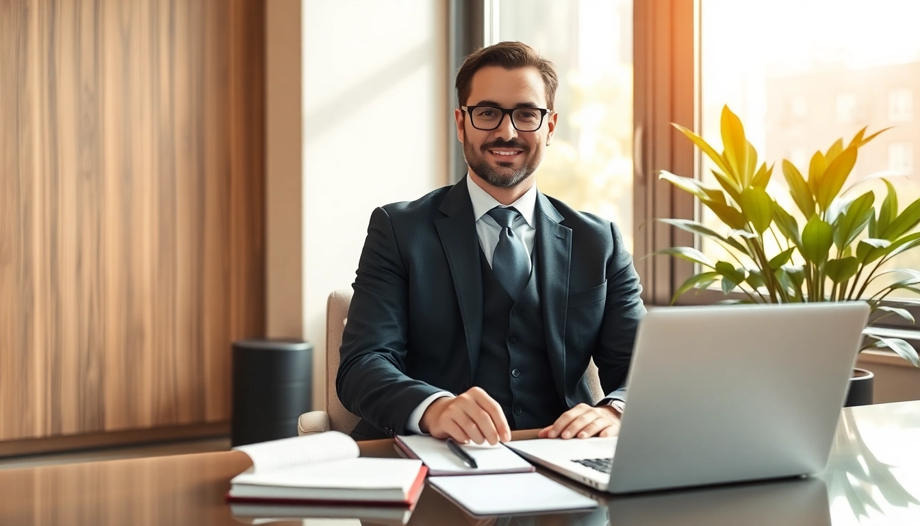 Erfahrenes Headhunter Geschäftsführer sitzt in einem modernen Büro und arbeitet.