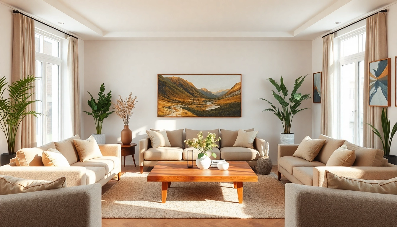Raumgestaltung eines gemütlichen Wohnzimmers mit natürlichem Licht, Pflanzen und eleganten Möbeln.