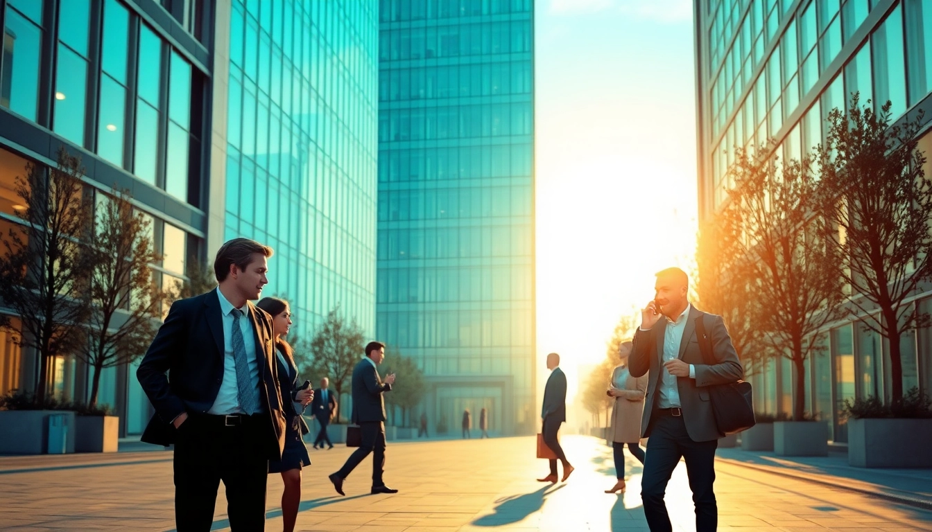 Erlebenswerte Headhunter Berlin-Szene mit Berufstätigen im Gespräch vor modernem Bürogebäude.