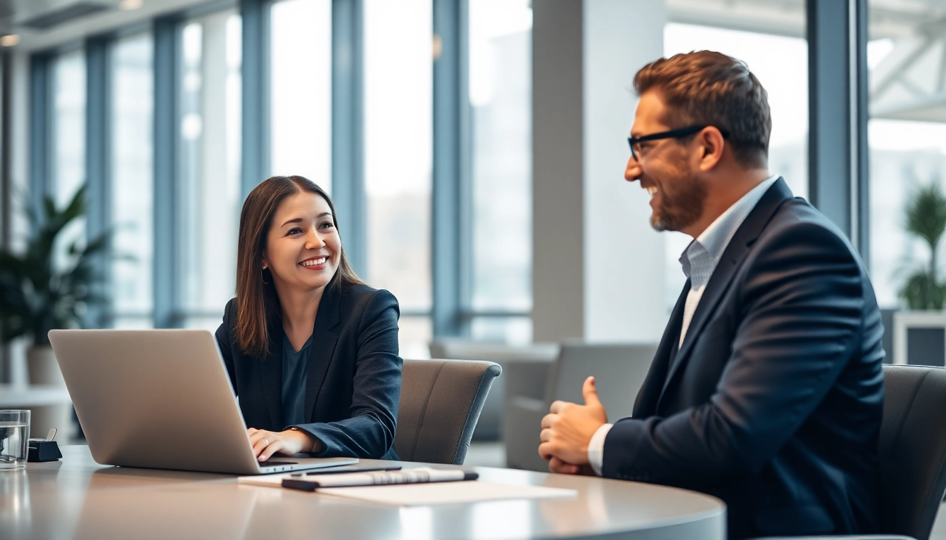 Headhunter discussing career opportunities with a candidate in a modern office.