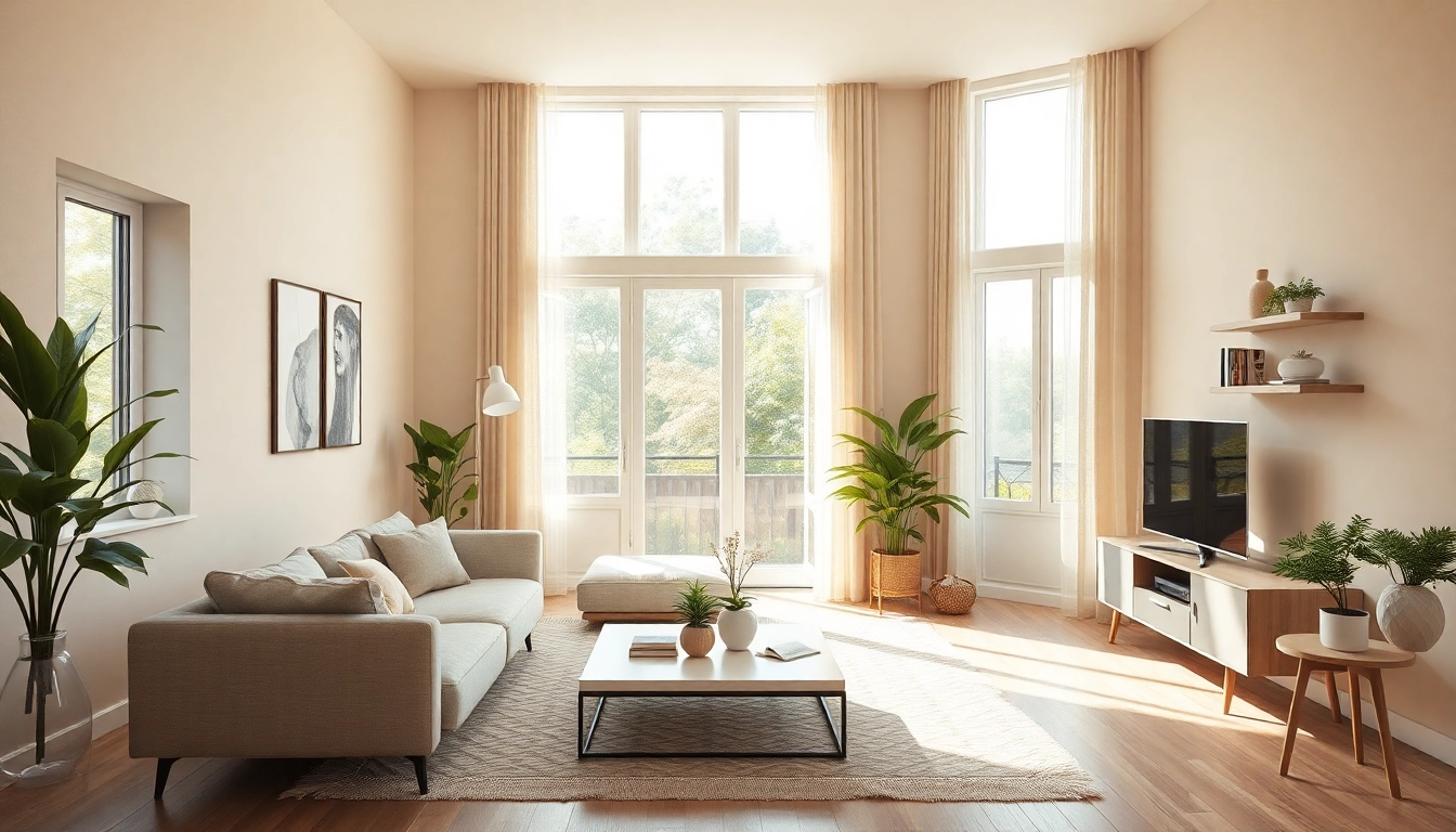 Raumgestaltung mit modernem Wohnraum, lichtdurchflutet und einladend gestaltet.