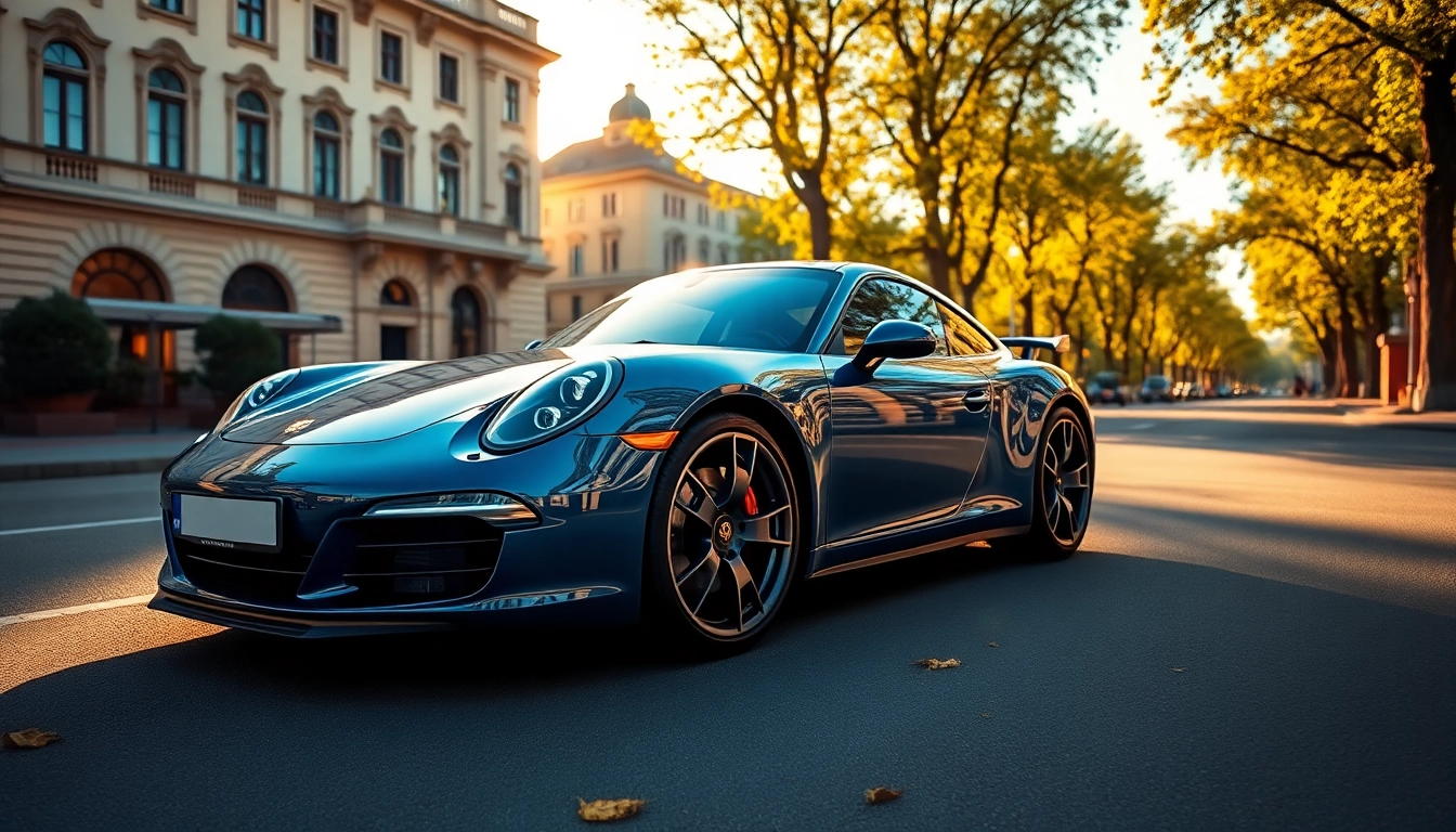 Elegantly parked Porsche showcasing Porsche PPF München in sunny Munich street.