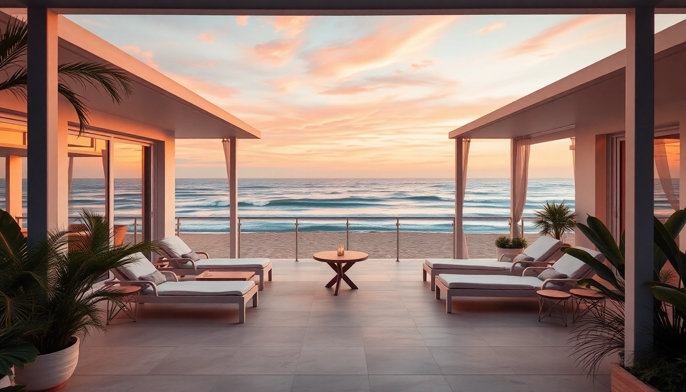 Genieße den Komfort einer Coastal Cabana am Strand, umgeben von tropischen Pflanzen und beeindruckendem Sonnenuntergang.