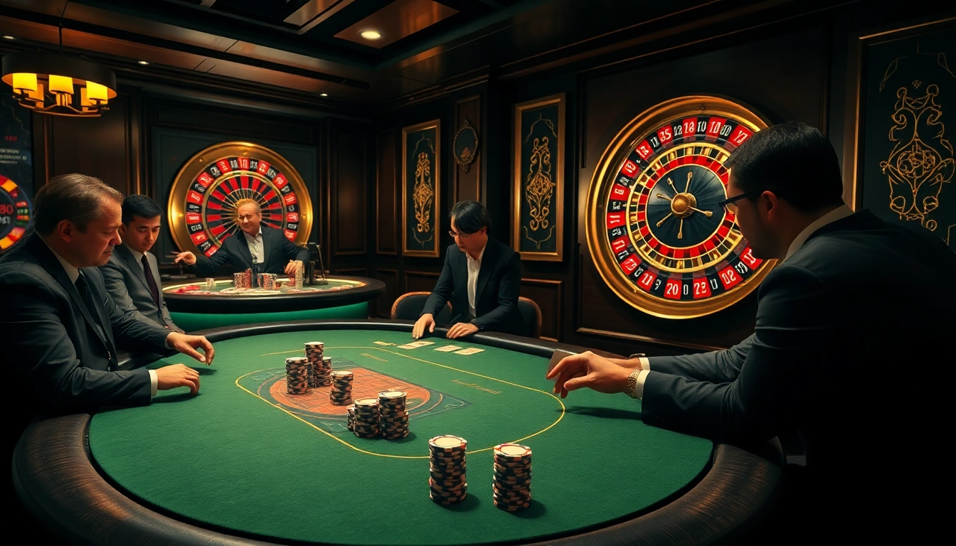Players engage in high-stakes poker at GG88, showcasing excitement and luxury in a vibrant casino atmosphere.