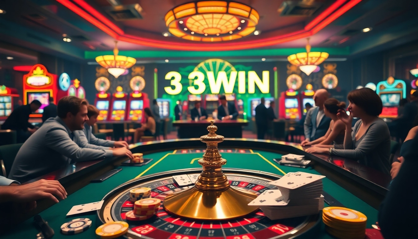 Experience the thrill of 33WIN at a luxurious casino with vibrant roulette and excited players.