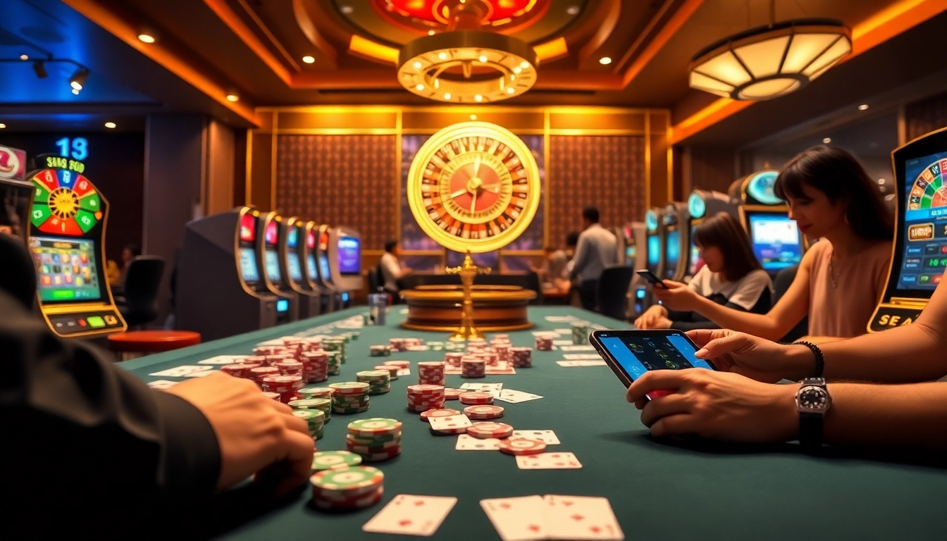 Exciting gambling atmosphere with vibrant tables and mobile gaming showcasing Link Vào S8 opportunities.