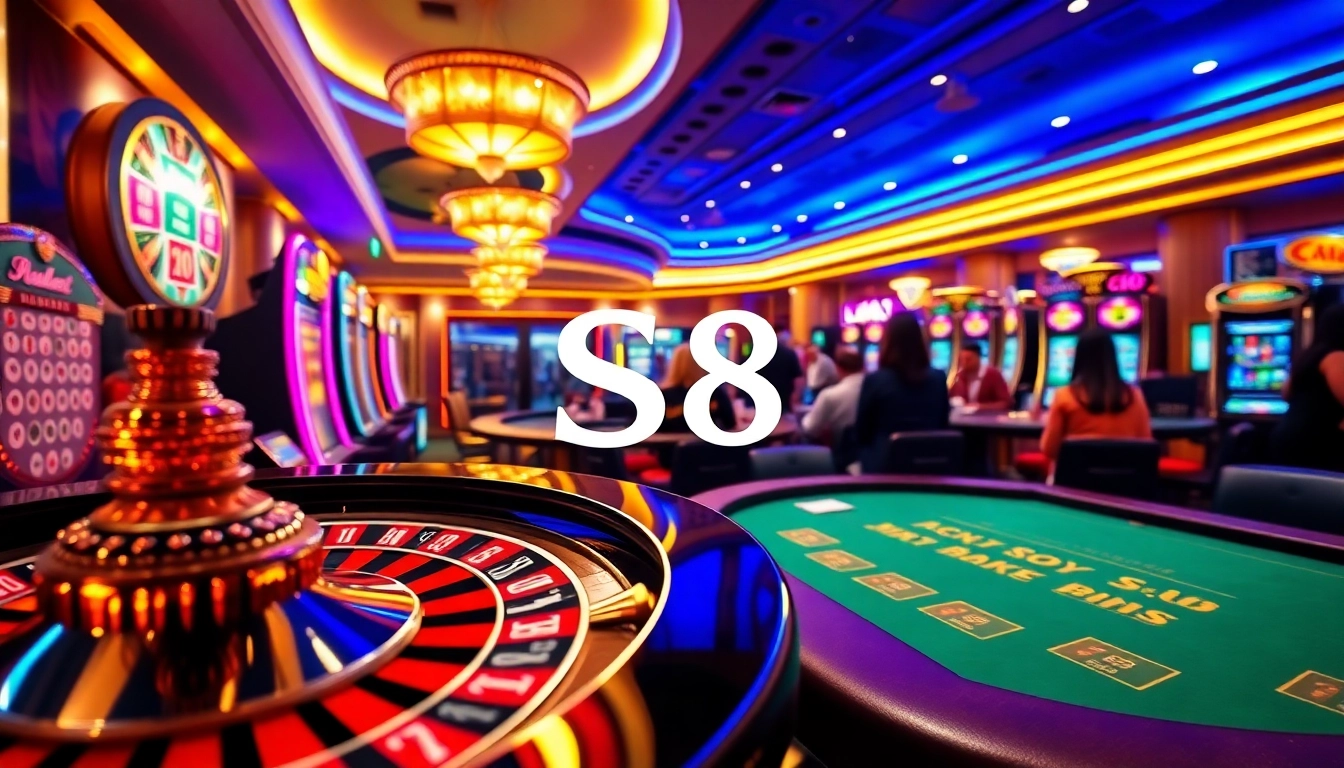 Playing an exciting game at S8 casino with vibrant slot machines and a roulette wheel.