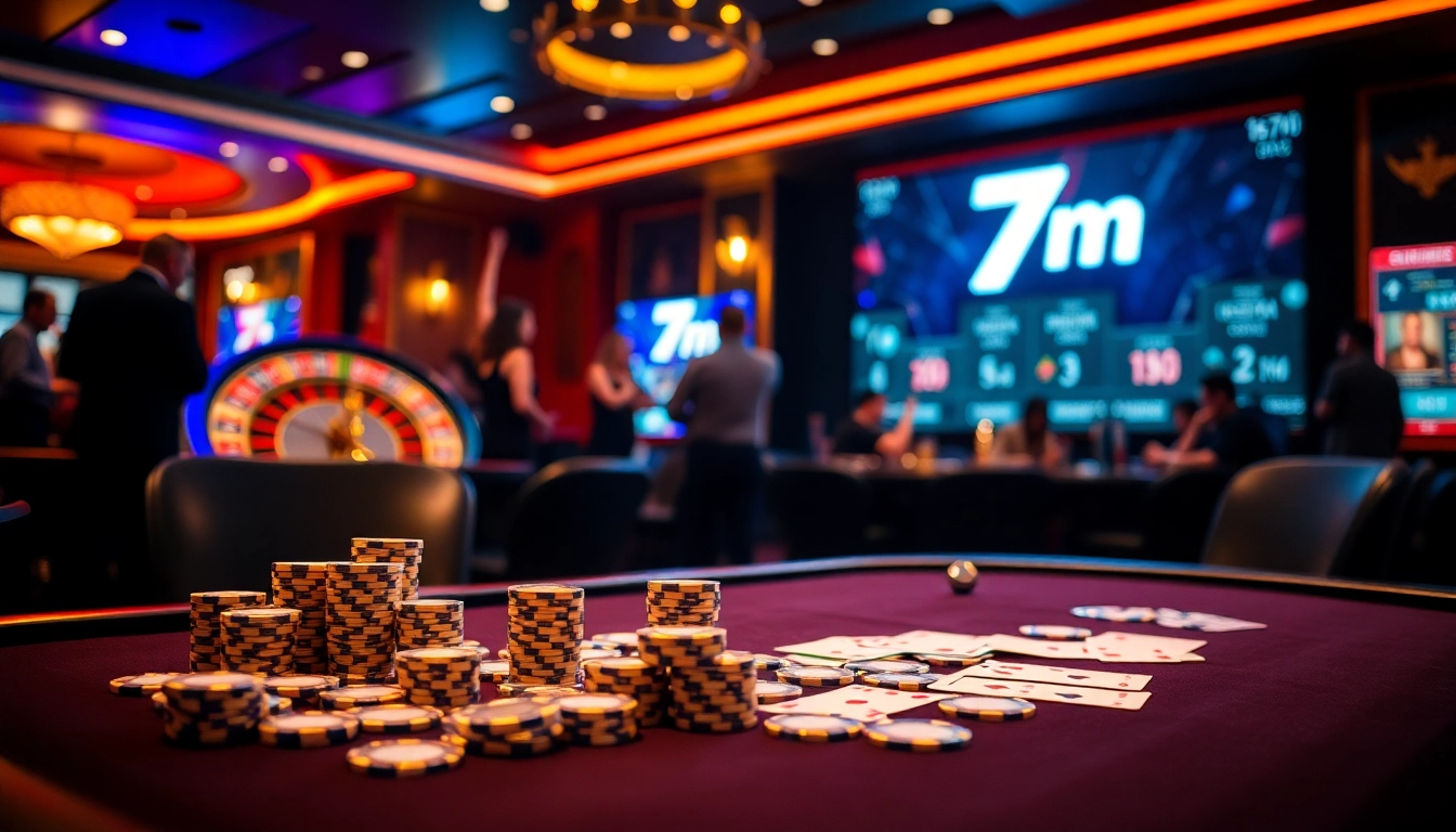 Engaging gamblers at a sophisticated poker table with "7m" branding in a vibrant casino scene.