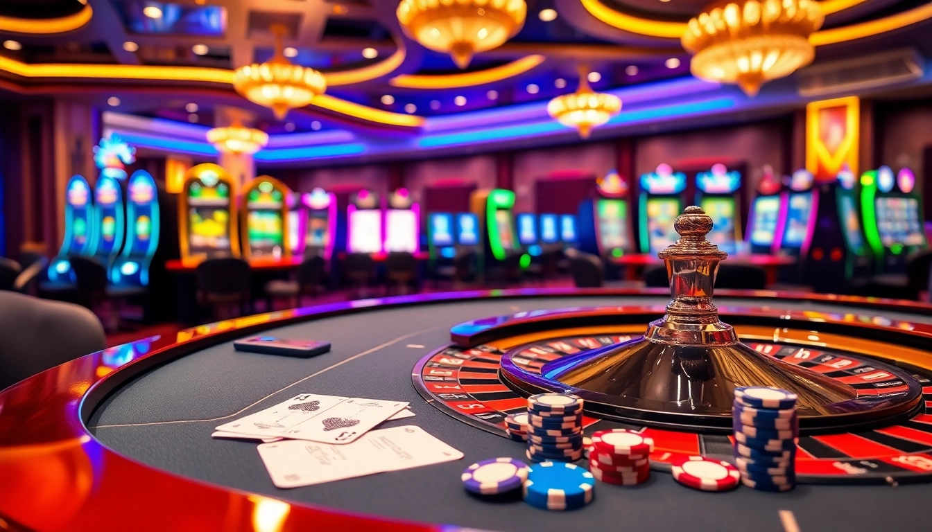 Experience thrilling gambling at https://s8net.com/ with a vibrant casino environment featuring roulette tables and slot machines.