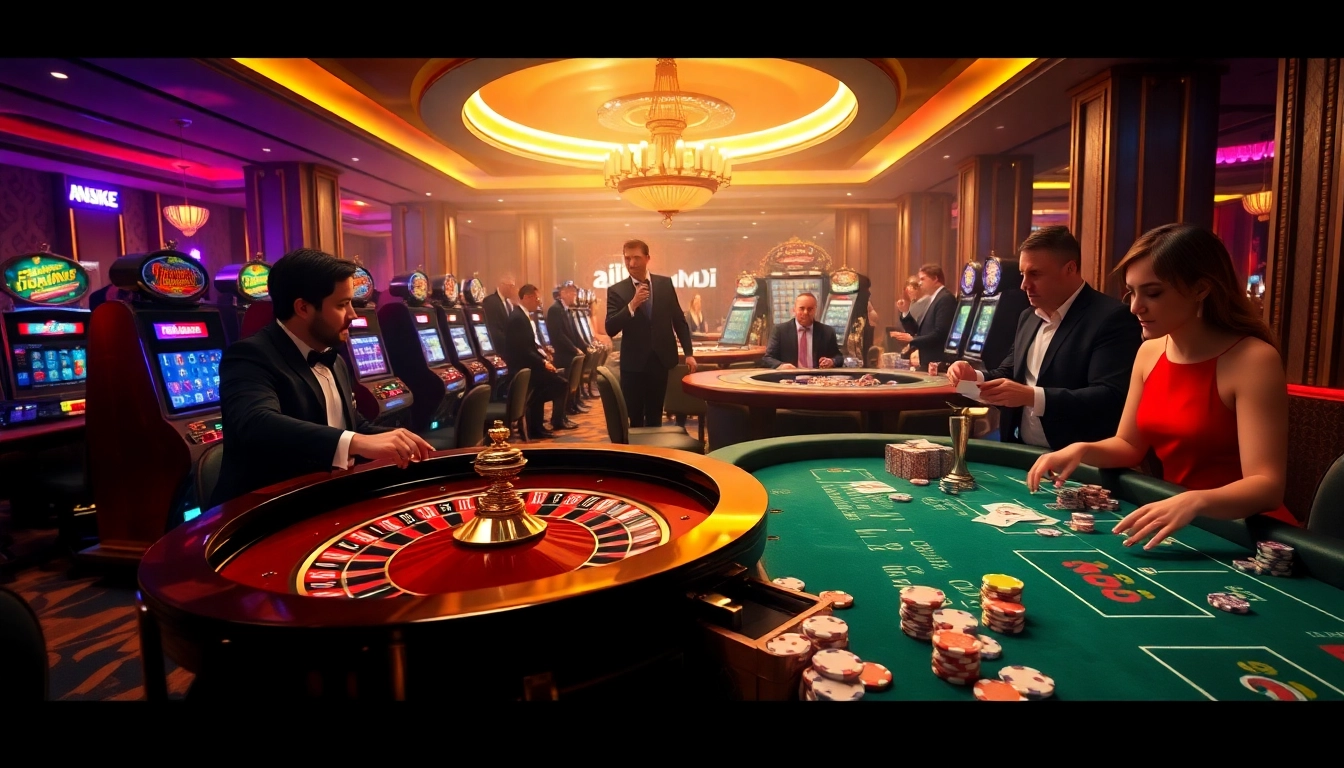 Experience the excitement of gaming at https://mm88.press/, showcasing a vibrant casino scene with roulette and poker.