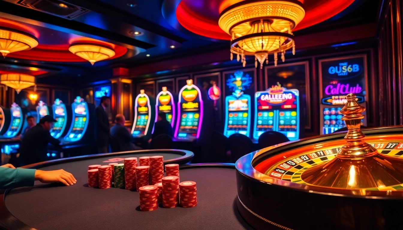 B52 Club poker players enjoy a thrilling game amidst vibrant casino atmosphere.