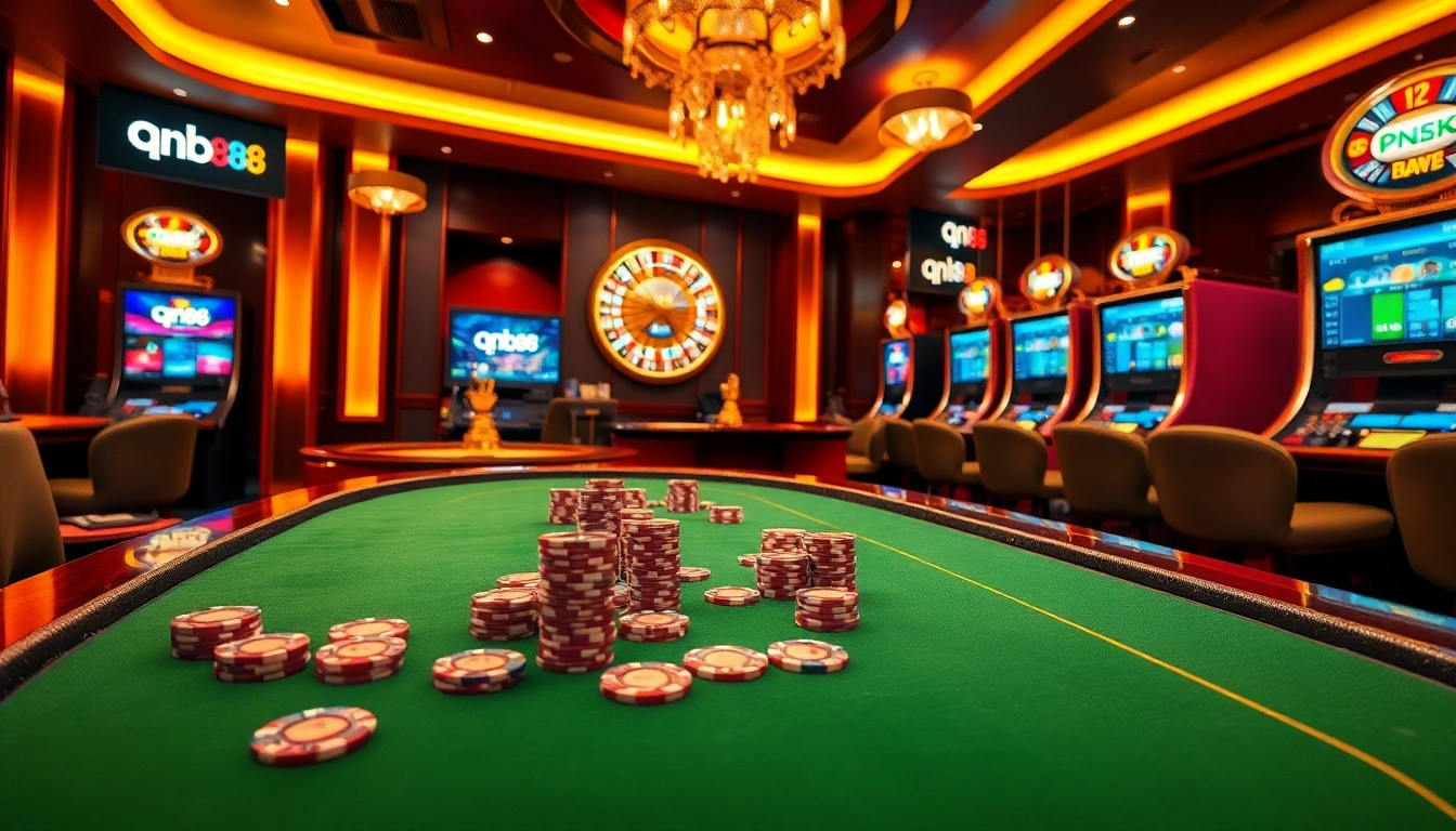 Experience thrilling gameplay at qh88 with glamorous casino tables and vibrant slot machines.