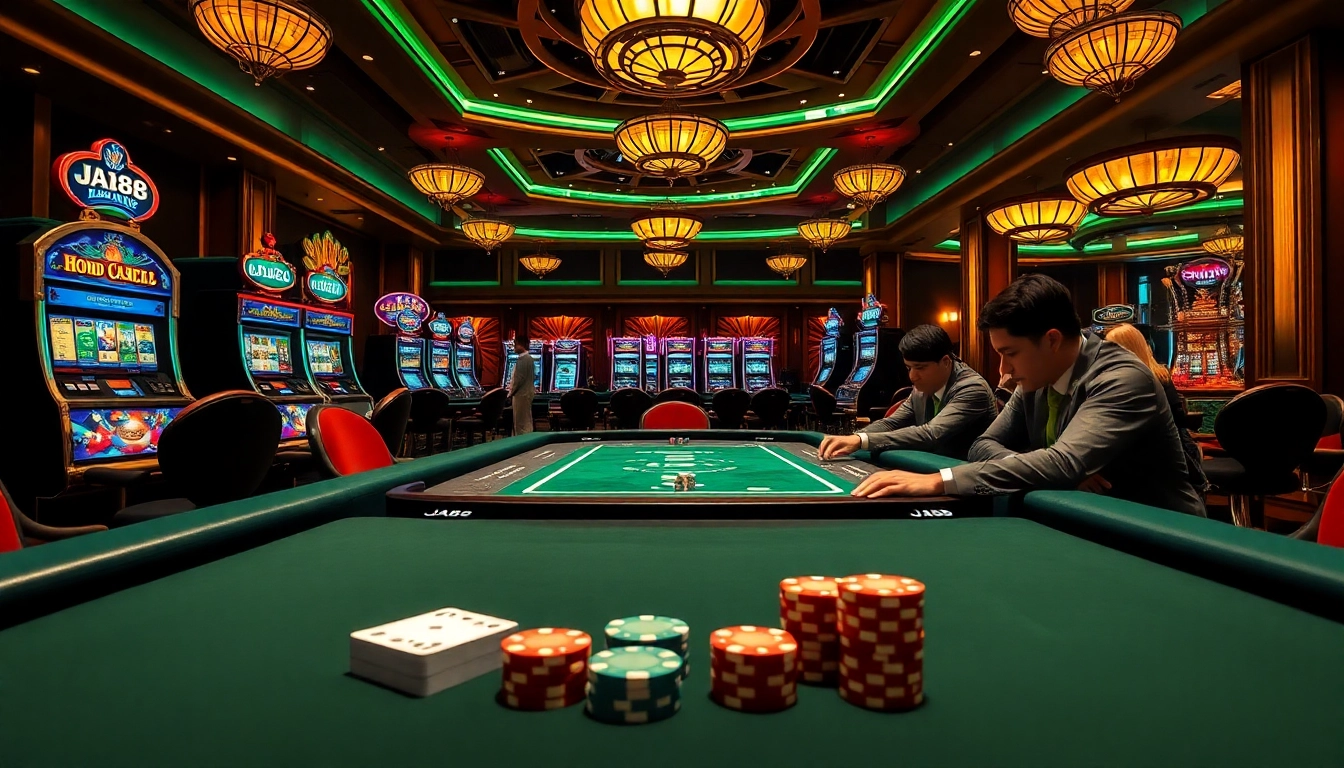 Các game thủ hào hứng tại bàn poker JD88 đang tận hưởng một ván cược cao tại một casino sang trọng.