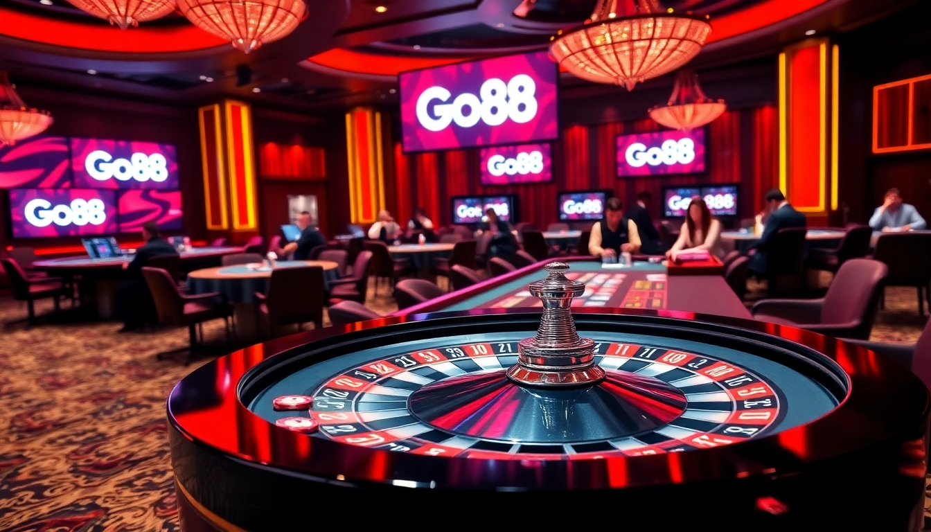 Players enjoying a thrilling Go88 casino experience with roulette and poker tables.