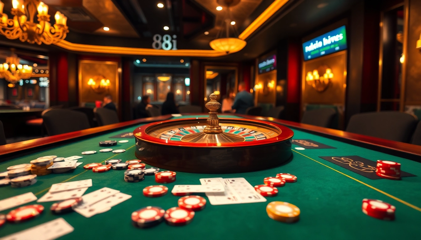 Engaging players at an 88i game table with vibrant chips and cards for a thrilling casino experience.