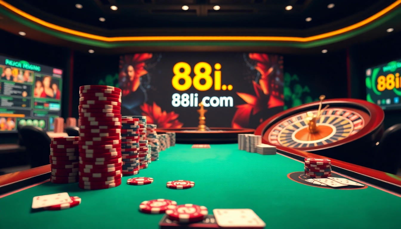 Engaging gamblers at 88i com with a high-stakes poker setup and roulette wheel.