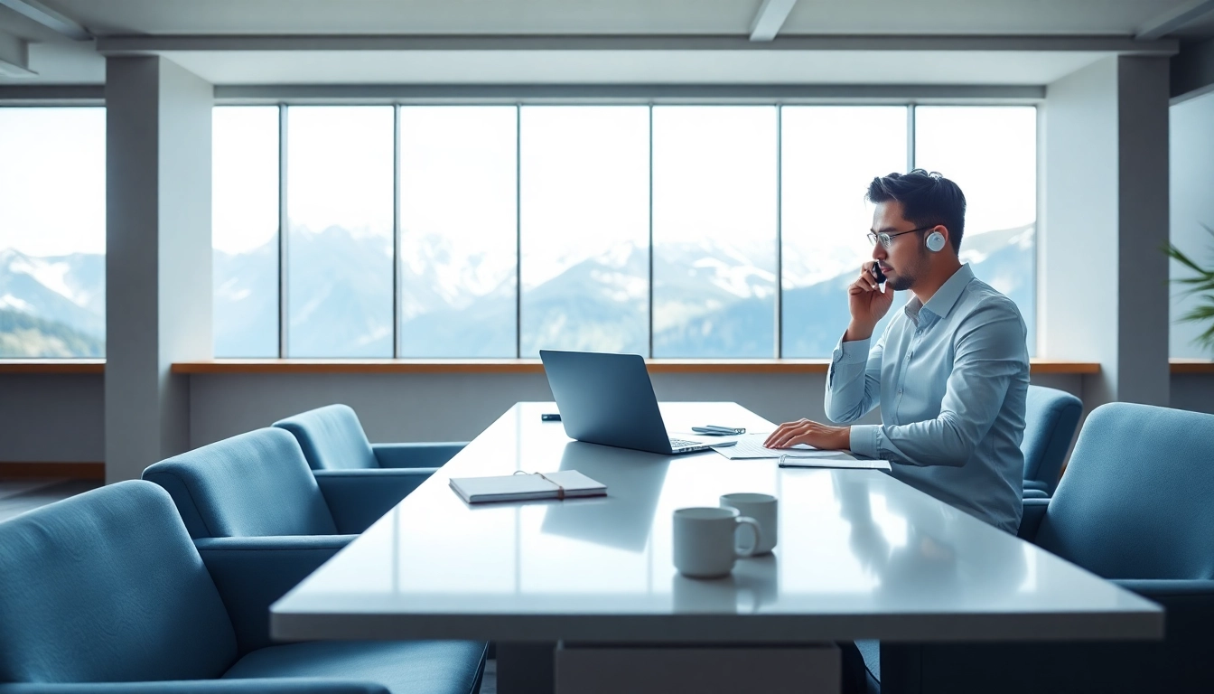 Headhunter Schweiz in einem modernen Büro, aufmerksam Lebensläufe prüfend und Anrufe tätigend.