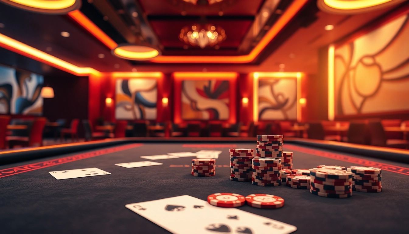 Online kaszinó asztala, színes zsetonokkal és kártyákkal, hangulatos világítással.