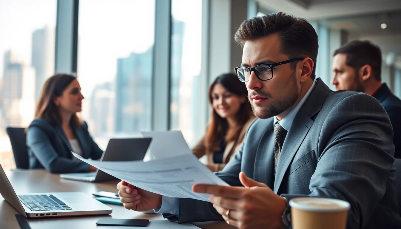 Headhunter Schweiz in a business meeting, analyzing strategies and resumes.