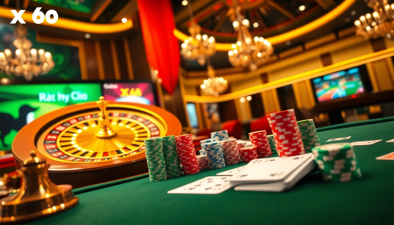 Thrilling gambling experience at Trang chủ X88 with vibrant poker chips and stylish casino tables.
