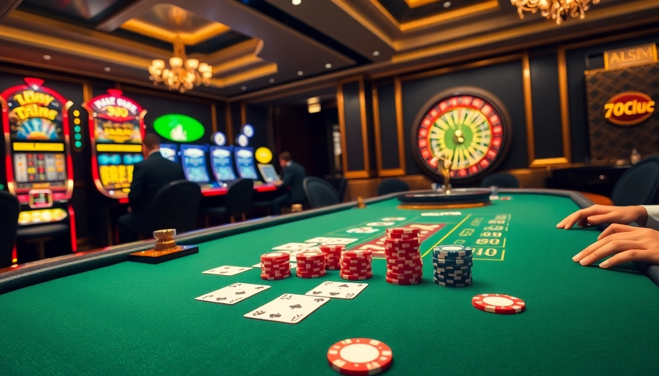 Players enjoying blackjack at 789club casino, surrounded by vibrant slot machines and luxury decor.