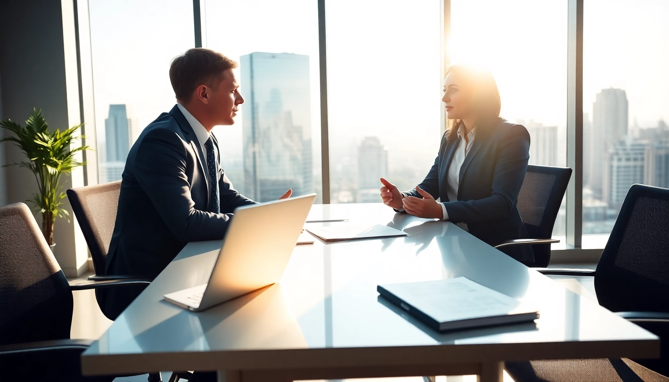 Headhunter Schweiz in a modern office discussing job opportunities with a client.