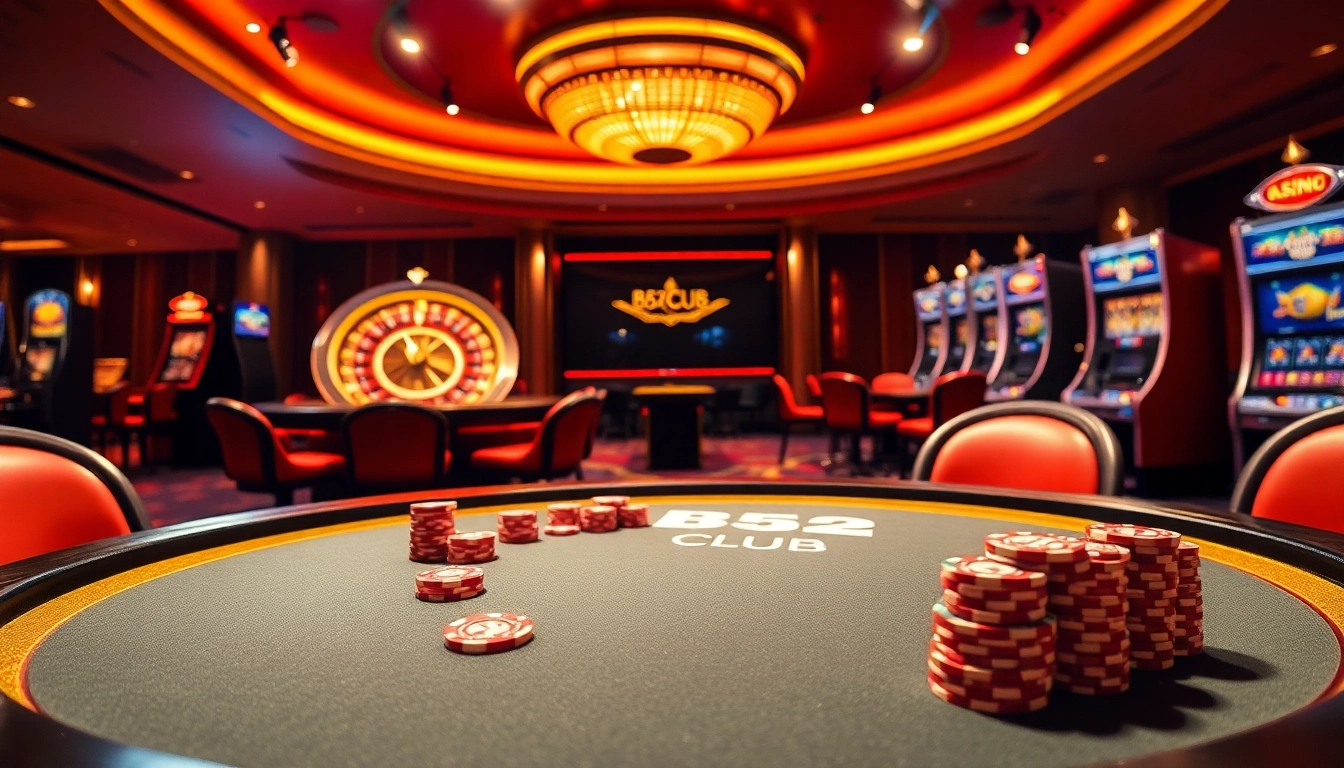 B52 Club shining poker table showcasing vibrant chips and cards amidst casino excitement.