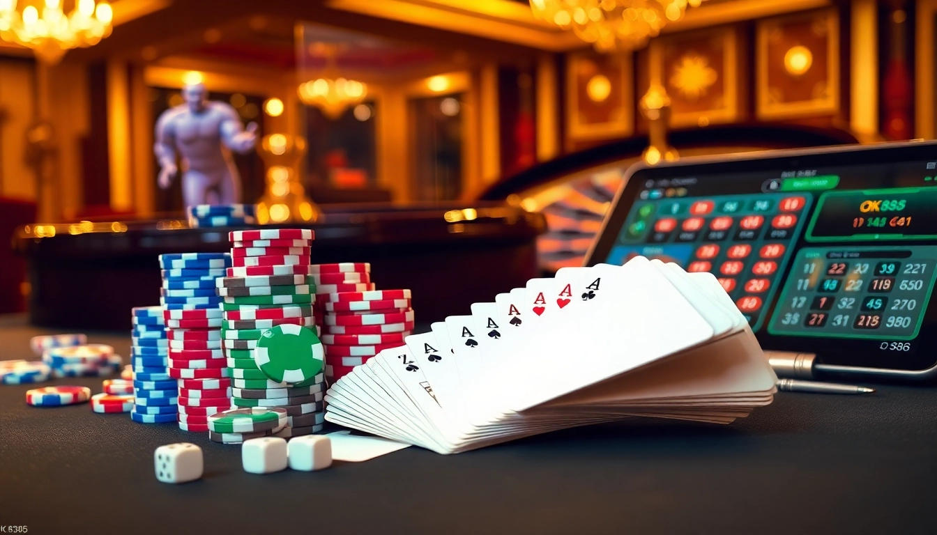 Engage with the thrill of the casino experience at OK 8386 with vibrant poker chips and a roulette wheel.