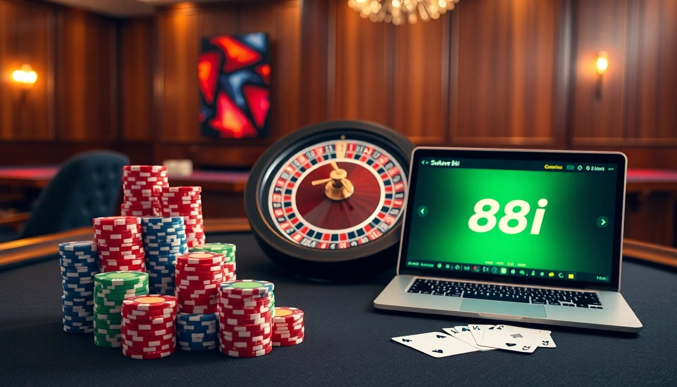 Experience the excitement of the 88i game at a vibrant online casino scene surrounded by poker chips.