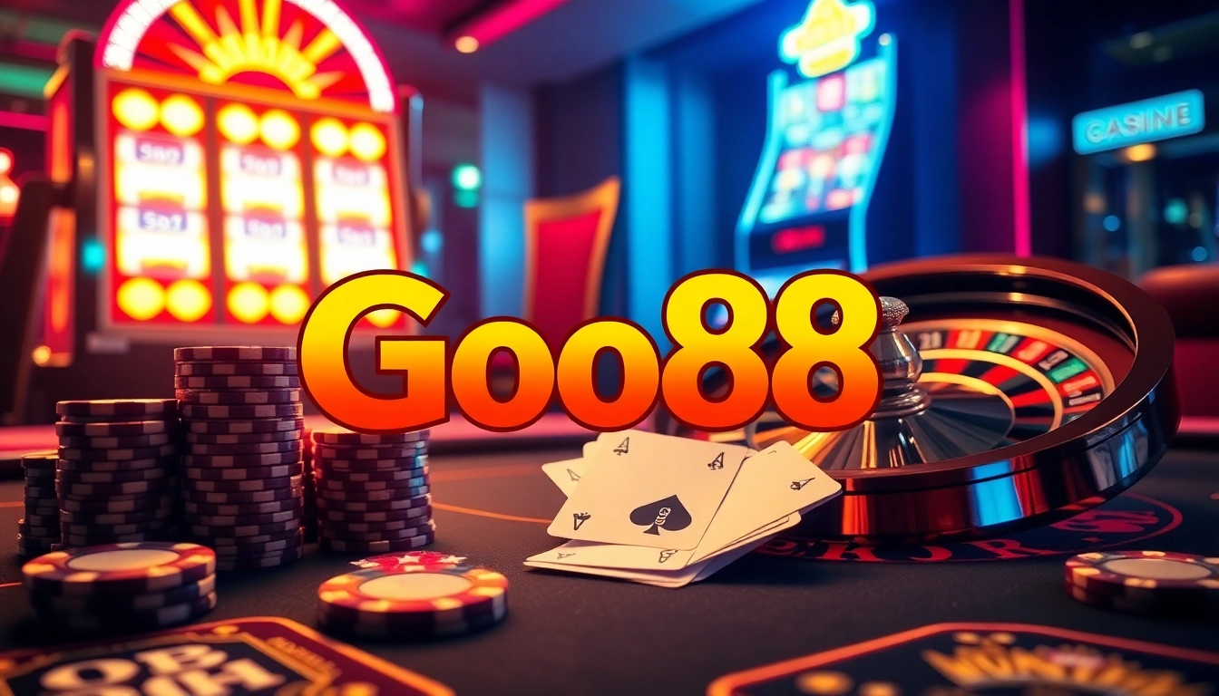 Experience the excitement of Go88 at a luxurious casino table with vibrant gaming elements.