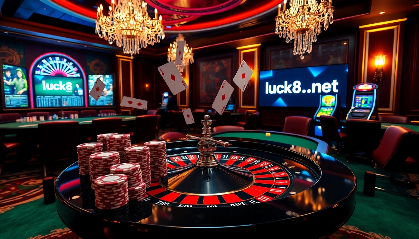 Niềm phấn khích khi cược tại một casino sang trọng có yếu tố từ https://luck8.net, với các chip poker và bàn roulette